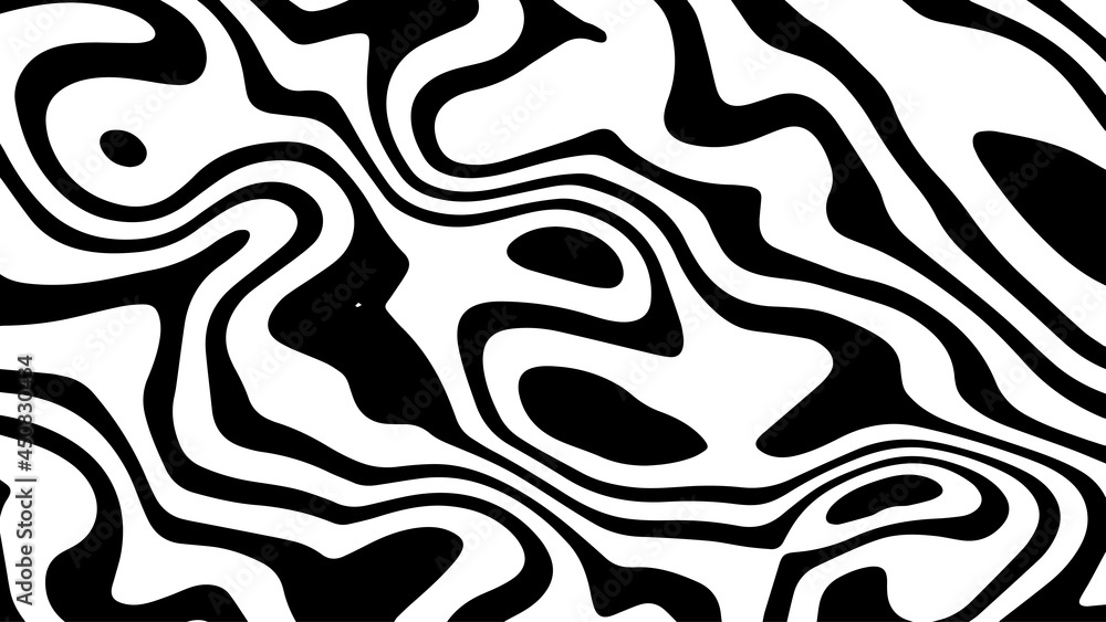 Vector graphic of Black and White abstract wavy background. Caustics distortion line art. Optical illusion motion striped 3d effect. Good for invitation cards, business brochures, textiles et