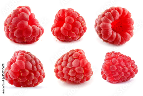 Ripe raspberries are isolated on a white background. Collection of raspberries. Full clipping path.