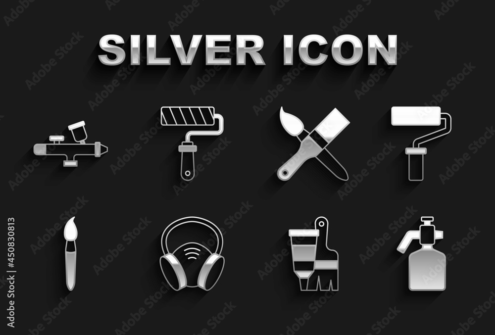 Set Gas mask, Paint roller brush, spray gun, Tube with paint and, and icon. Vector Set Gas mask, Paint roller brush, spray gun, Tube with paint and, and icon. Vector
