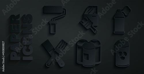 Set Paint spray can, brush, Car painting and roller icon. Vector