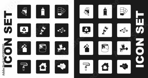 Set Color palette guide, Tube with paint, RGB and CMYK color mixing, Car painting, Paint spray gun, can, and icon. Vector