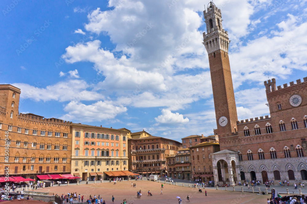 Siena, Toscana, Old city street view with Renaissance Style Buildings, Italy, Europa