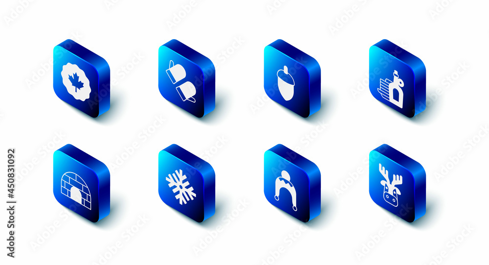 Set Christmas mitten, Acorn, Syrup with pancakes, Deer head antlers, Winter hat, Snowflake, Igloo ice house and Canadian maple leaf icon. Vector Set Christmas mitten, Acorn, Syrup with pancakes, Deer head antlers, Winter hat, Snowflake, Igloo ice house and Canadian maple leaf icon. Vector
