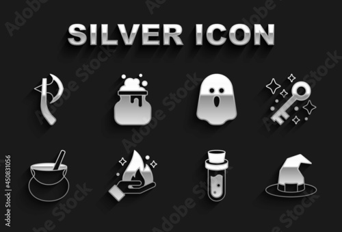 Set Hand holding fire, Old magic key, Witch hat, Bottle with potion, cauldron, Ghost, Wooden axe and icon. Vector