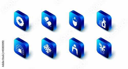 Set Christmas mitten, Acorn, Syrup with pancakes, Deer head antlers, Winter hat, Snowflake, Igloo ice house and Canadian maple leaf icon. Vector