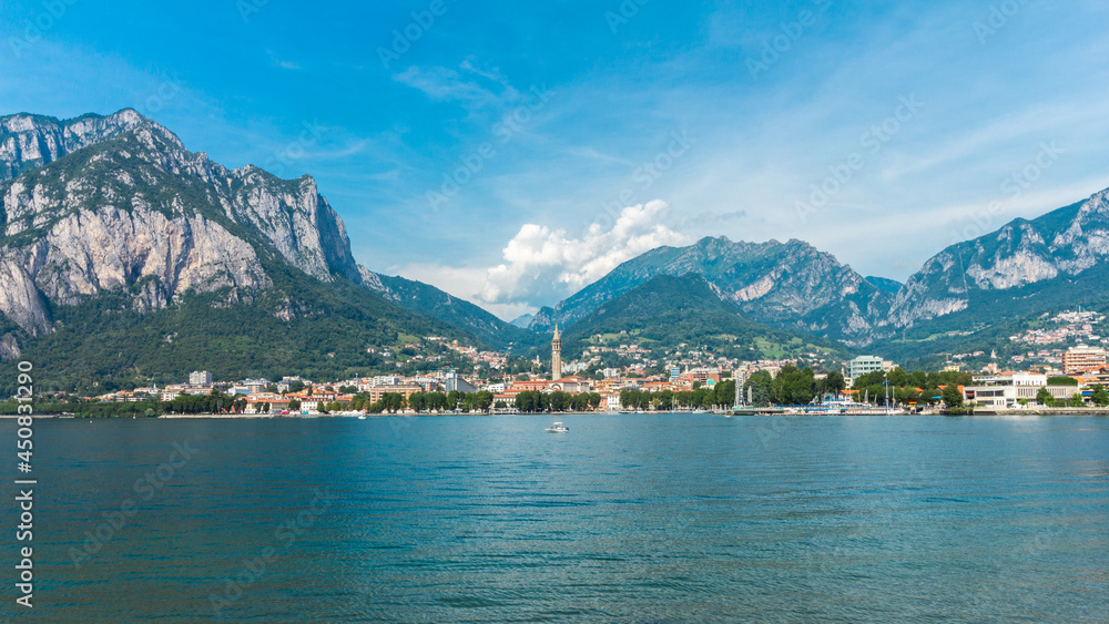 Scenic view of Lecco city from lakefront of Malgrate, Province of Lecco, Lombardy , Italy