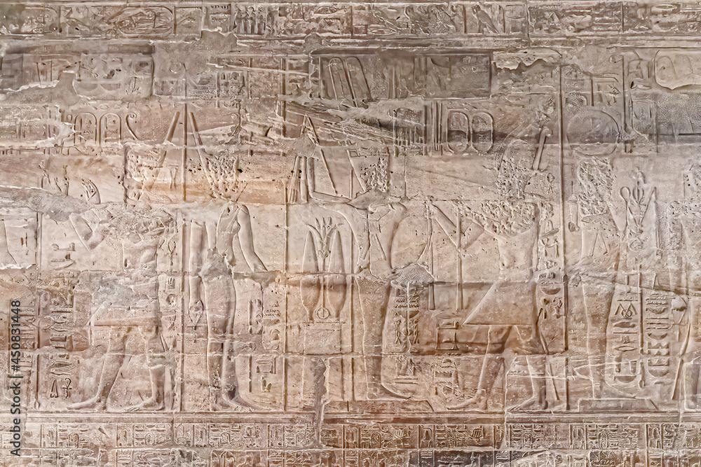Hieroglyphs in the ruins of The Luxor Temple, Egyptian temple complex located in the city of Luxor, ancient Thebes. In the Egyptian language it is known as ipet resyt, 