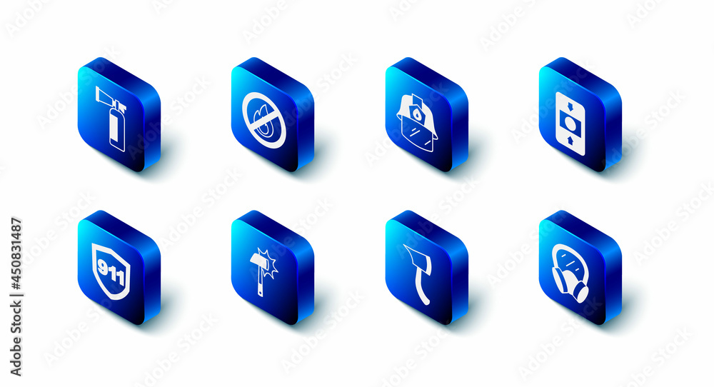 Set No fire, Firefighter helmet, alarm system, Gas mask, axe, Emergency call 911 and extinguisher icon. Vector Set No fire, Firefighter helmet, alarm system, Gas mask, axe, Emergency call 911 and extinguisher icon. Vector