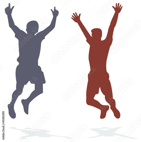 Silhouette of people. A couple of people. Jump and hands up. Flat style. Vector image isolated. Great design for any purpose. Vector graphics. Design element.