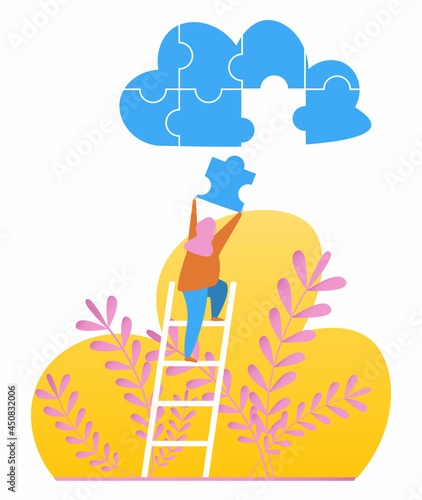 Vector image. The girl on the stairs. Putting together a cloud puzzle. Business concept. photo