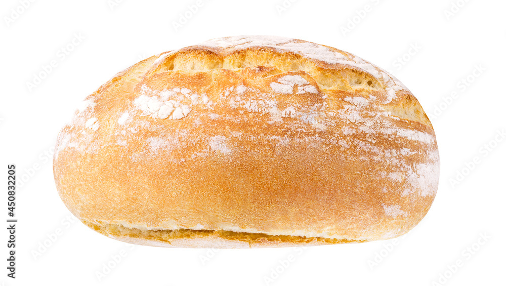 Bread white, round loaf whole, side view, isolated on white background with clipping path.