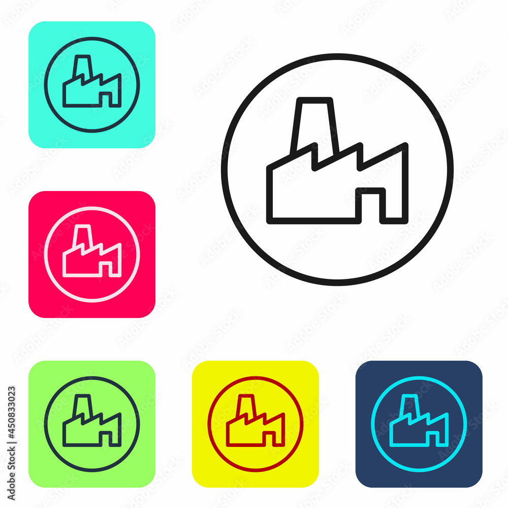 Black line Factory production icon isolated on white background. Industrial building. Set icons in color square buttons. Vector Black line Factory production icon isolated on white background. Industrial building. Set icons in color square buttons. Vector
