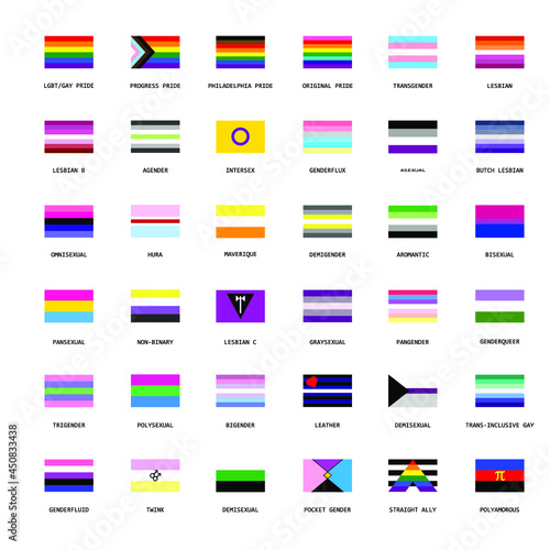 Various gender flags of the LGBT community, used for design, white background, vector illustration