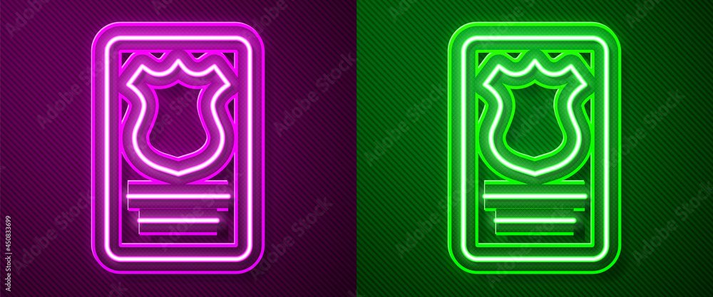 Glowing neon line Police badge with id case icon isolated on purple and green background. Vector Glowing neon line Police badge with id case icon isolated on purple and green background. Vector
