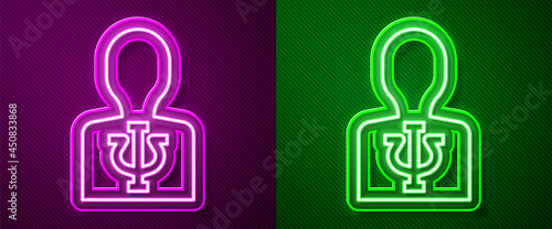 Glowing neon line Psychology icon isolated on purple and green background. Psi symbol. Mental health concept, psychoanalysis analysis and psychotherapy. Vector