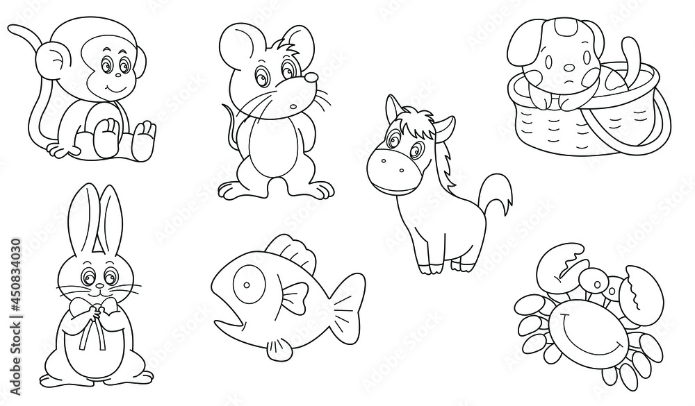 Cute design animal outline vector set 26 (monkey , rabbit , rat , fish , donkey , crab , dog)