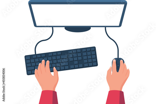 People working on the computer. Hands on the keyboard and mouse. Programmer, blogger, freelancer, designer, office employee. Blank monitor screen as template for design. Vector illustration flat.