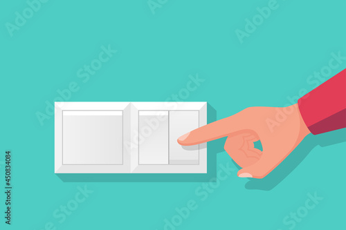 To turn on the light. The man presses the switch button with finger. Electricity saving template. The switch is insulated on the wall. Vector illustration flat design.