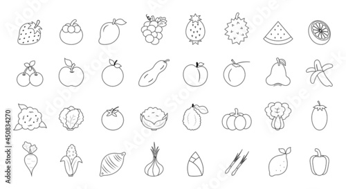 Fruits and vegetables drawing line flat icon set isolated on white background.Design for coloring art book ,print.Vector.Illustration.