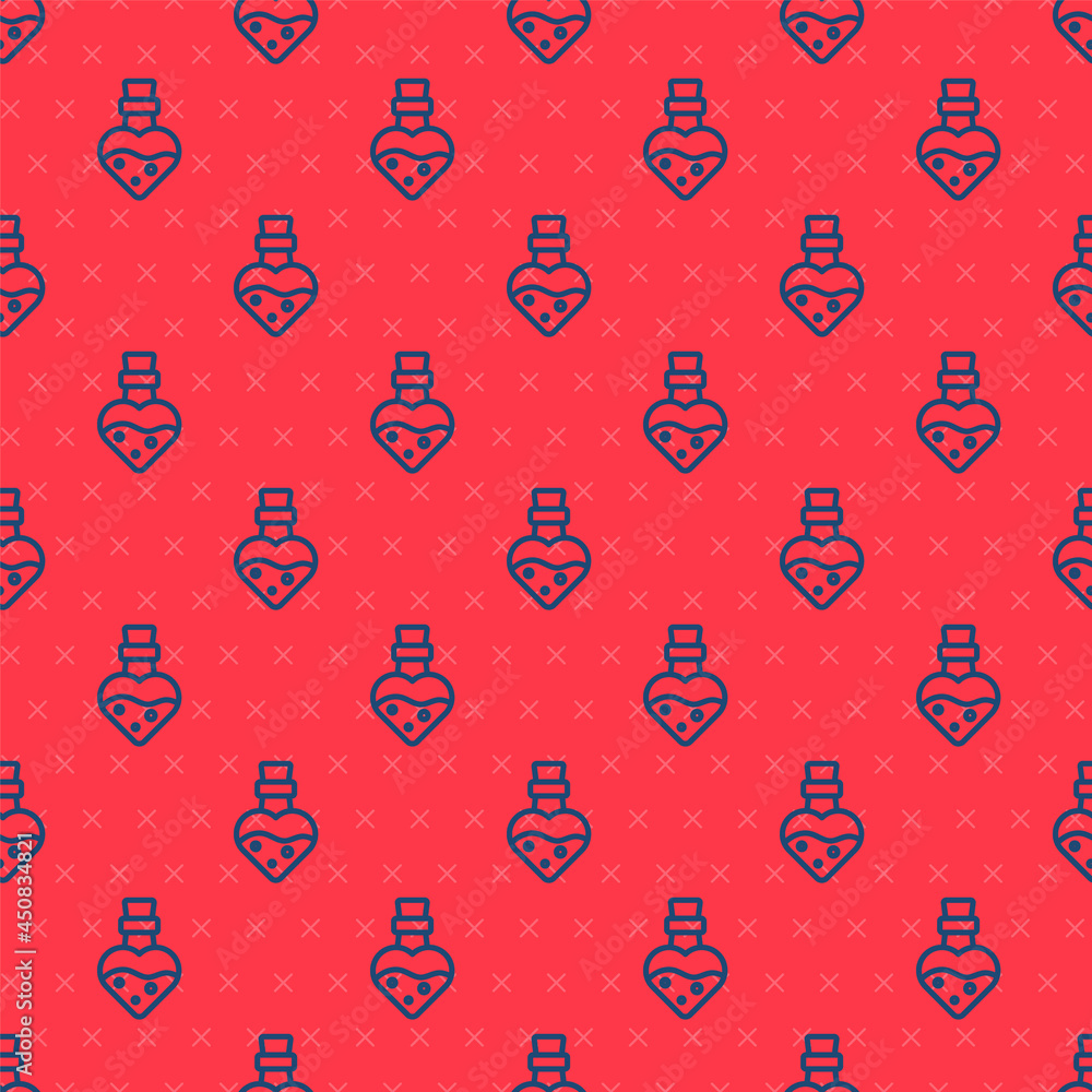 Blue line Bottle with potion icon isolated seamless pattern on red background. Flask with magic potion. Happy Halloween party. Vector Blue line Bottle with potion icon isolated seamless pattern on red background. Flask with magic potion. Happy Halloween party. Vector
