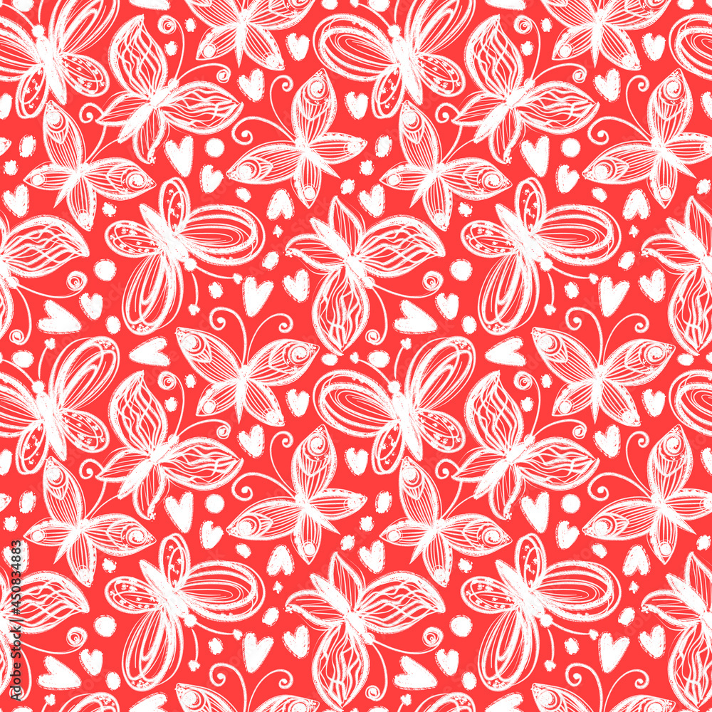 Seamless pattern with fluttering white butterflies on a red background