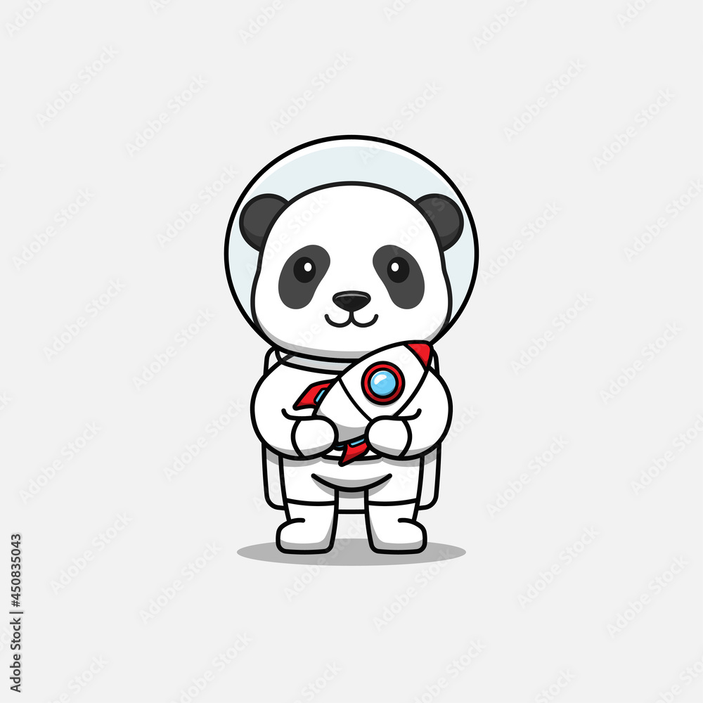 Cute panda wearing astronaut suit carrying a rocket