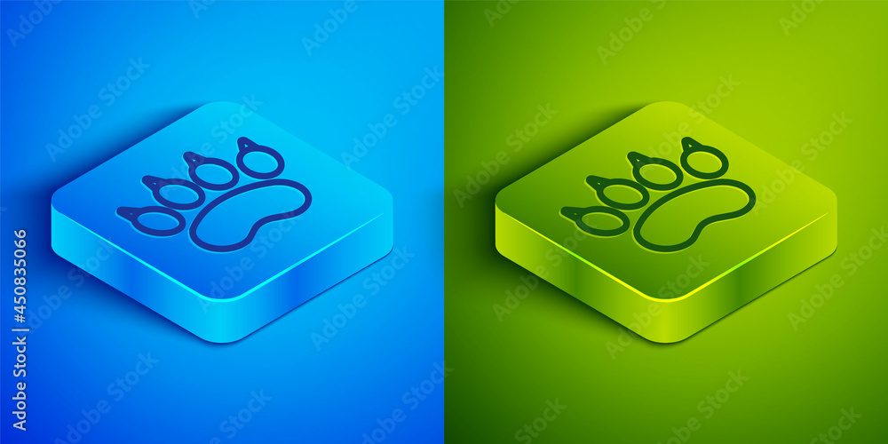 Isometric line Bear paw footprint icon isolated on blue and green background. Square button. Vector Isometric line Bear paw footprint icon isolated on blue and green background. Square button. Vector
