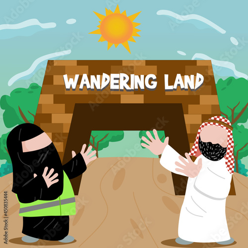 arab couple welcoming to entrance of theme park illustration photo