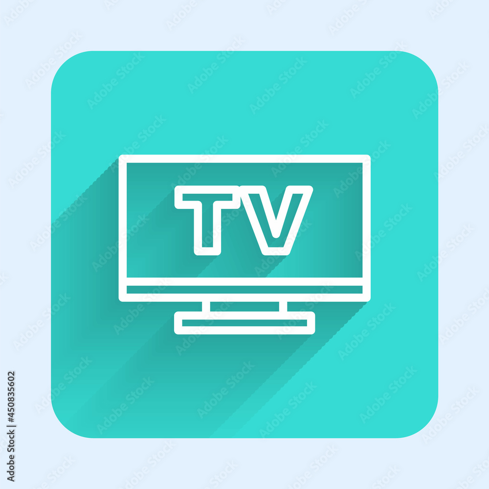 White line Smart Tv icon isolated with long shadow background. Television sign. Green square button. Vector White line Smart Tv icon isolated with long shadow background. Television sign. Green square button. Vector