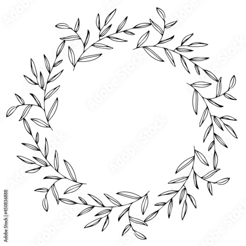 Vector round frame with doodle branches and leaves