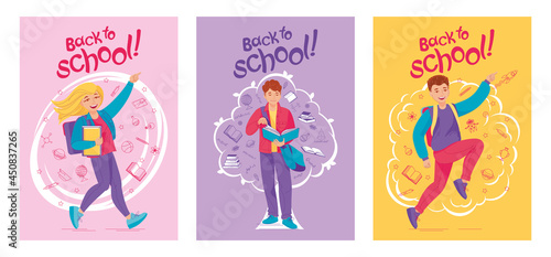 Set of back to school creative posters. Happy schoolgirl and schoolboy go to the school. Clever boy read a book. School icons, lettering. Vector illustration, cartoon character, banner, 
