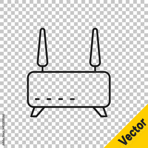 Black line Router and wi-fi signal icon isolated on transparent background. Wireless ethernet modem router. Computer technology internet. Vector