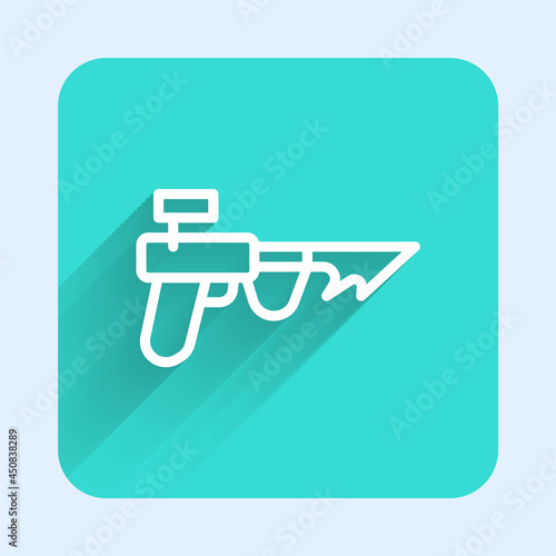 White line Fishing harpoon icon isolated with long shadow background. Fishery manufacturers for catching fish under water. Diving underwater equipment. Green square button. Vector