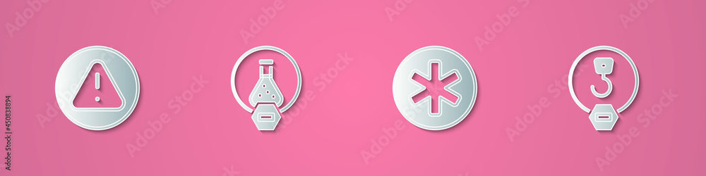 Obraz premium Set paper cut Exclamation mark in triangle, Test tube and flask, Medical symbol of the Emergency and Industrial hook icon. Paper art style. Vector