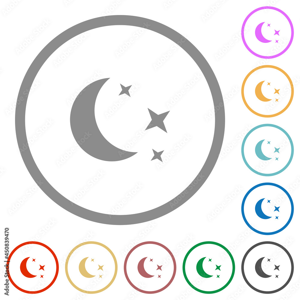 Moonlit night flat icons with outlines Moonlit night flat icons with outlines