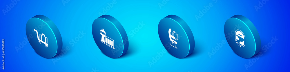 Set Isometric Trolley baggage, Airplane seat, window and Airport control tower icon. Vector Set Isometric Trolley baggage, Airplane seat, window and Airport control tower icon. Vector