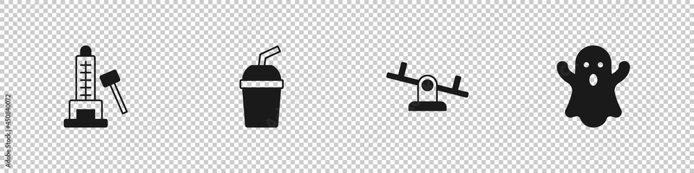 Set Striker attraction with hammer, Paper glass water, Seesaw and Ghost icon. Vector Set Striker attraction with hammer, Paper glass water, Seesaw and Ghost icon. Vector