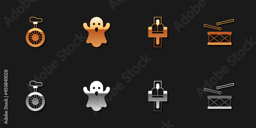 Set Unicycle or one wheel bicycle, Ghost, Attraction carousel and Drum with drum sticks icon. Vector