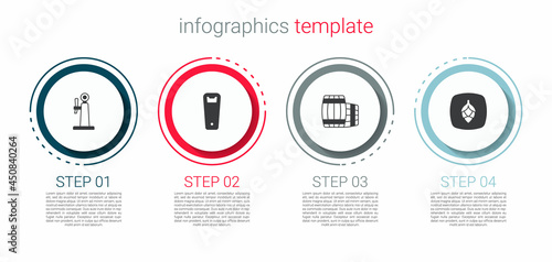 Set Beer tap, Bottle opener, Wooden barrel and Hop. Business infographic template. Vector