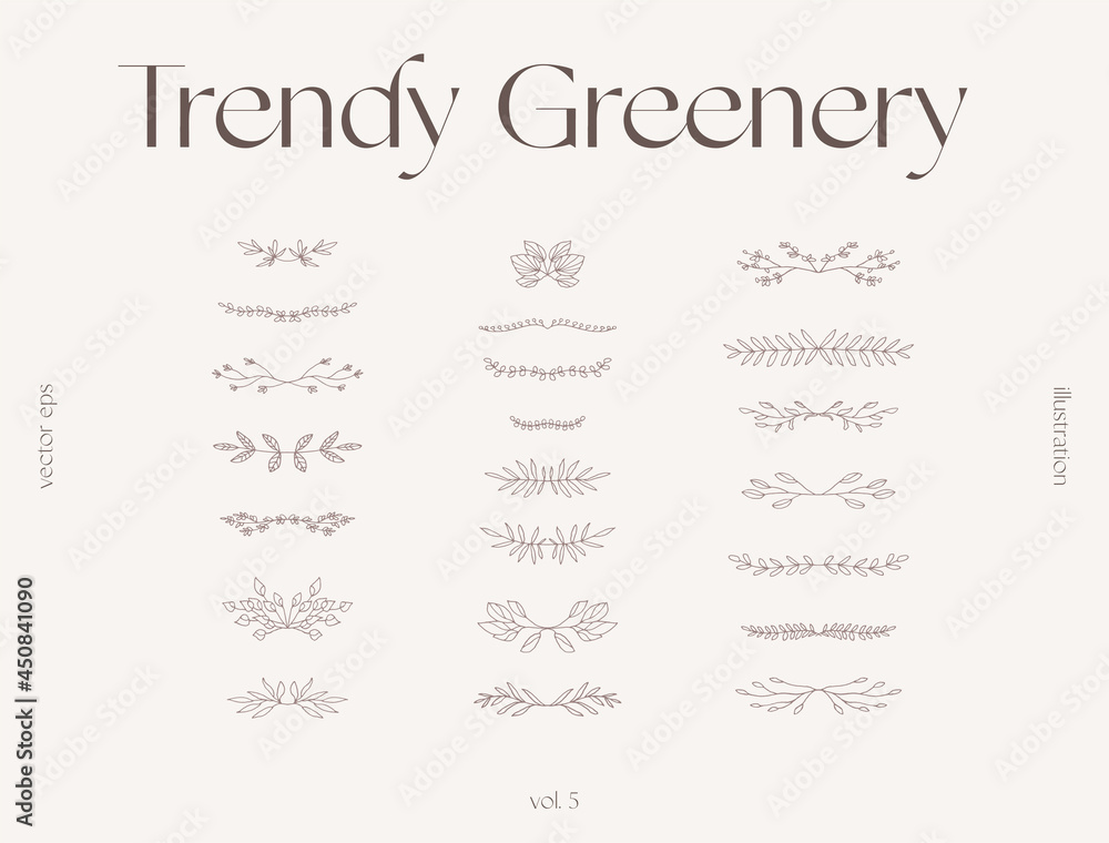 Hand draw one line floral elements greenery vector