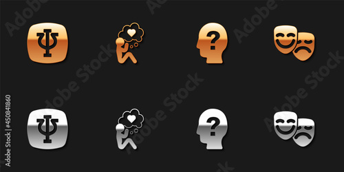 Set Psychology, Psi, Head with heart, question mark and Comedy and tragedy masks icon. Vector
