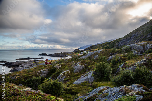 Scenic view of Austre Nesland village, mountains and ocean, Lofoten, Norway