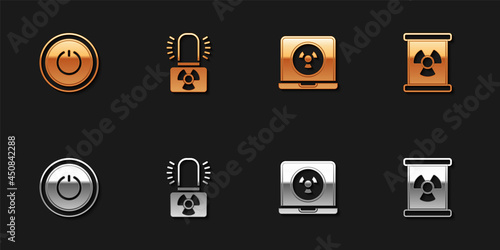 Set Power button, Radioactive warning lamp, Nuclear laptop and waste barrel icon. Vector