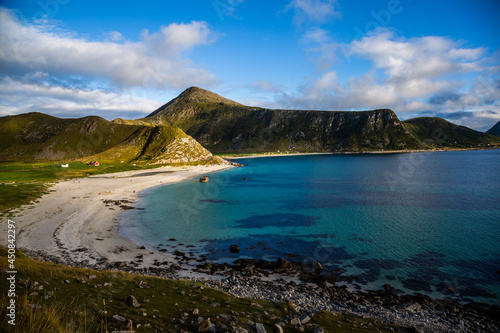 View on beach, ocean and mountains on the hiking trail to Unstad village, Lofoten, Norway