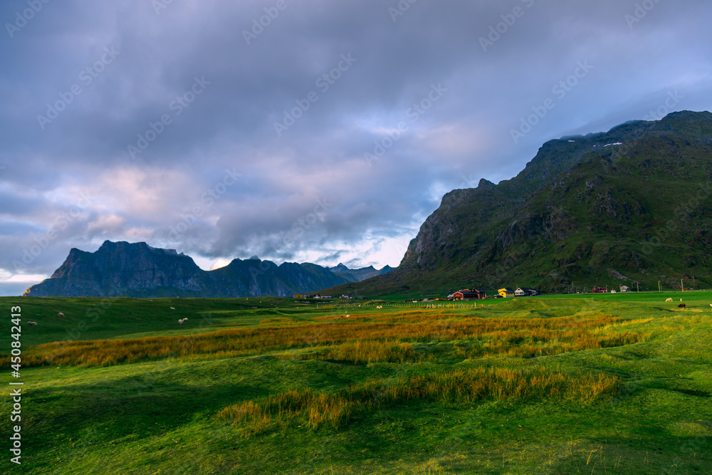 View on the Unstad village and mountains, Lofoten, Norway