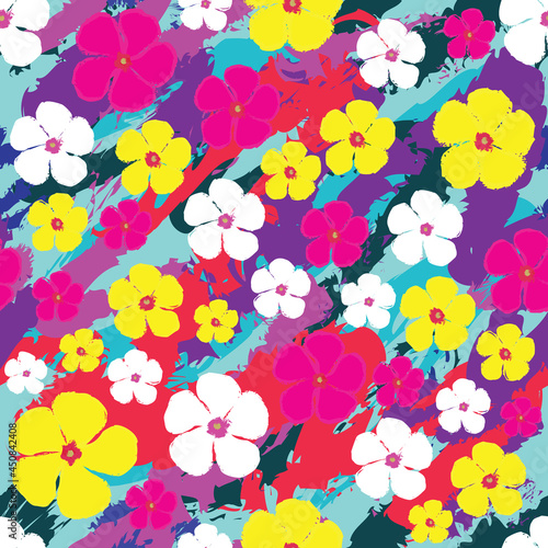 ditsy abstract  yellow pink white flowers seamless pattern.