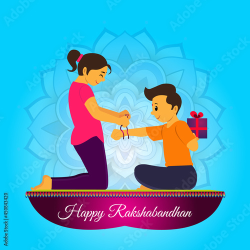 In this poster sister banded Rakhi to the brother's wrist who is sitting on the floor. brother hide sisters gift to the backside