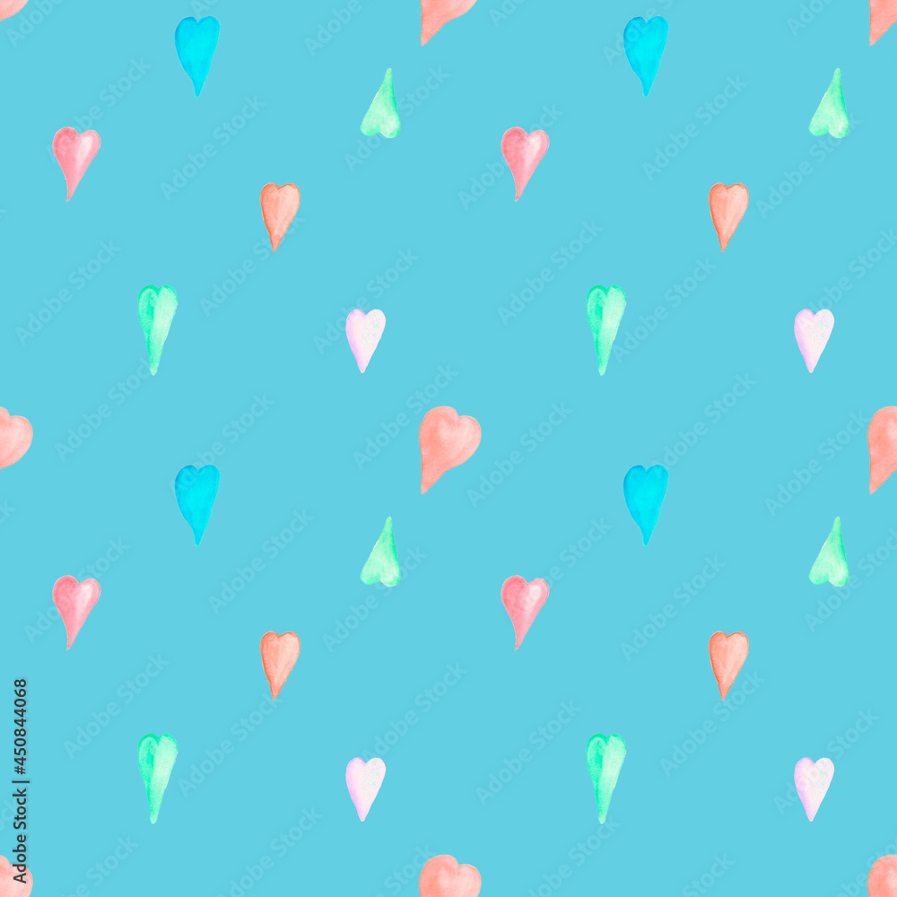Seamless pattern ,watercolor illustration, colorful hearts.Multicolored watercolor hearts seamless backgroung. Different size rainbow hearts pattern.