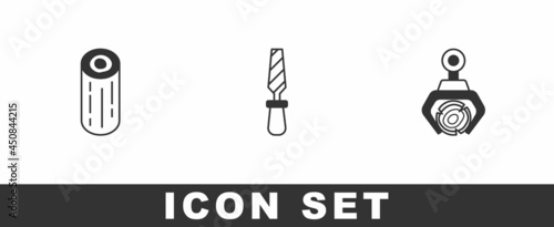 Set Wooden logs, Rasp metal file and Grapple crane grabbed icon. Vector