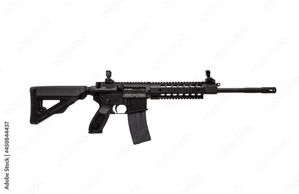 Modern automatic rifle isolated on white. Weapons for police, special forces and the army. A carbine with mechanical sights on a white back